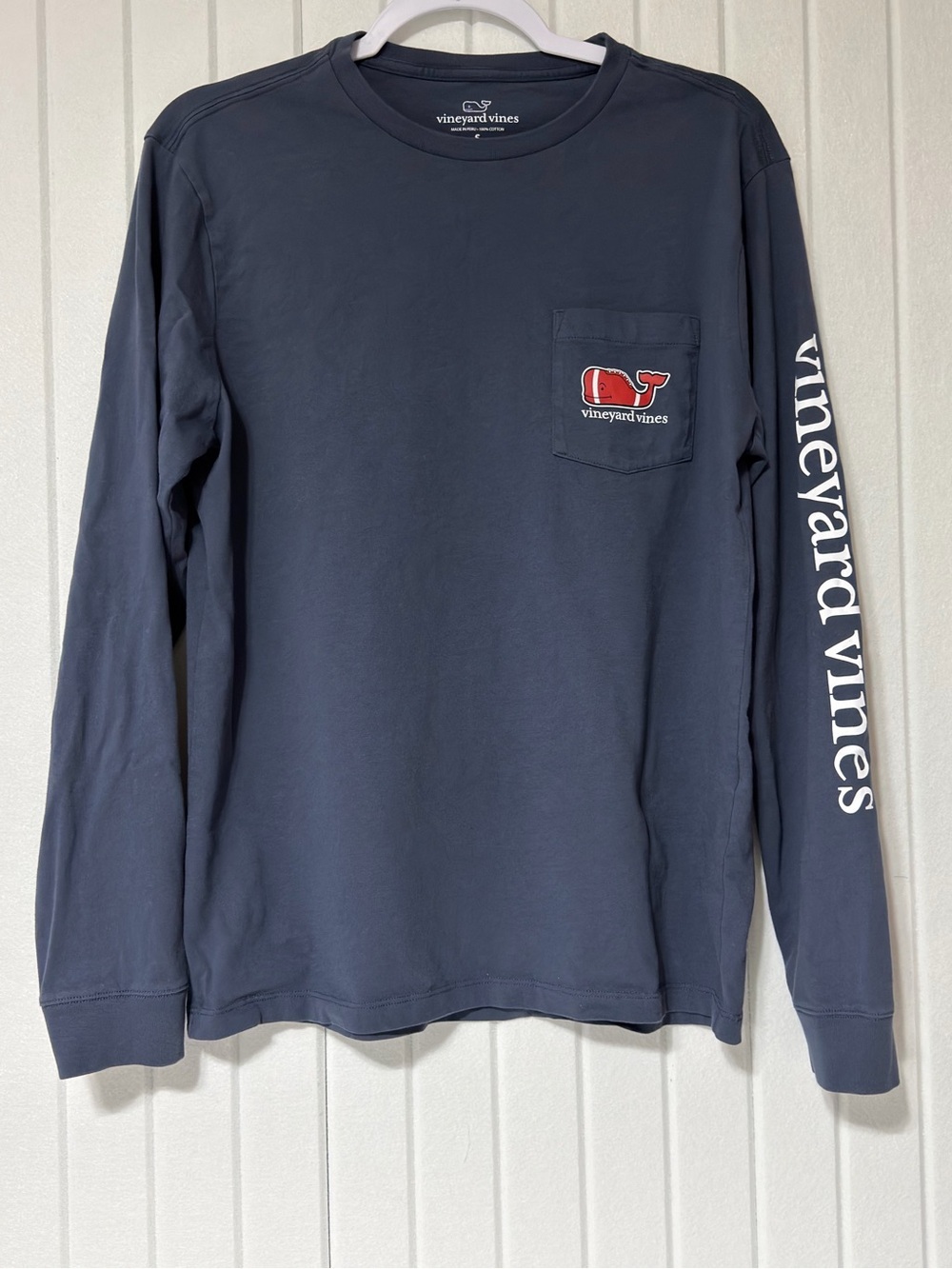 Vineyard Vines Navy Long Sleeve Pocket Tee with “Football” Whaler